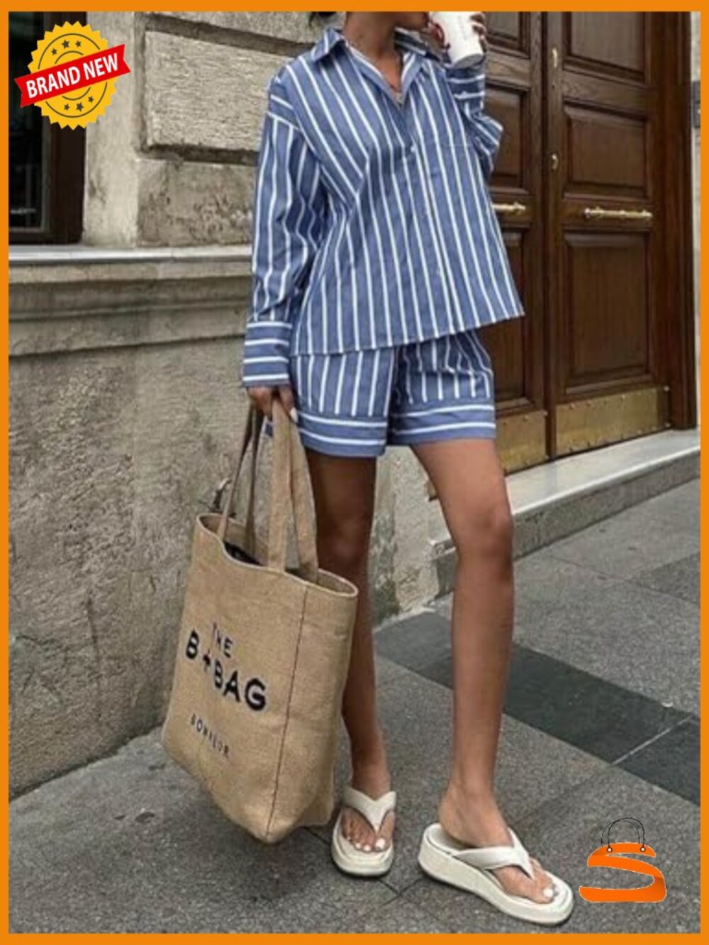2 Piece Striped Long Sleeve Button Down Shirt Shorts Set - Picture 7 of 7